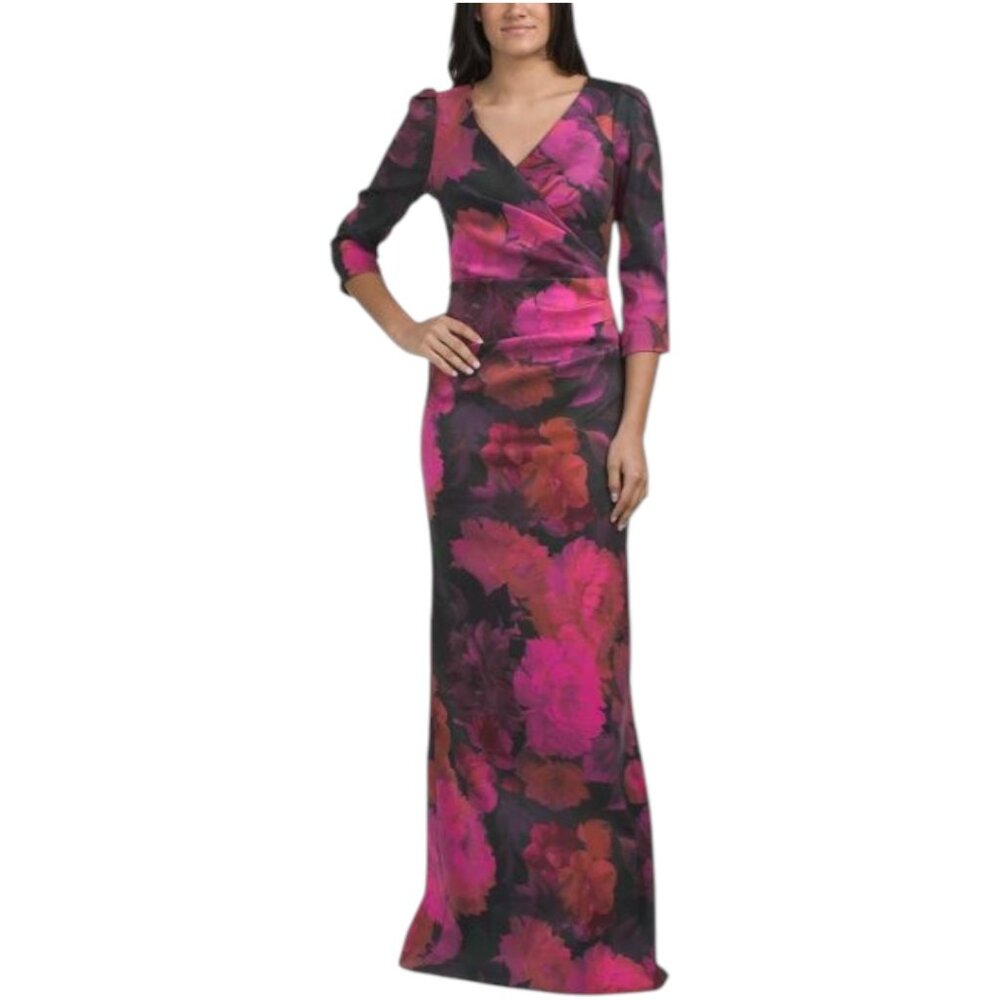 TERI JON Floral Stretch Mikado Ruched Three-quarter Sleeve Gown - kskob1615
